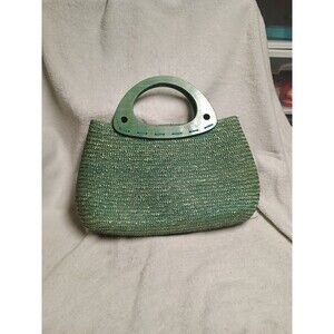 Womens Purse 100% Straw Wooden Handle   Vintage Handbag.